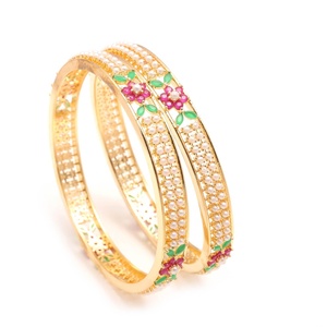 Handmade 22K Gold Plated Ruby Emerald Pearl <b>Bangle</b> Traditional Indian <b>Bracelet</b> Available in Multiple Sizes - Product Image 1