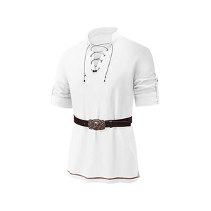 Chemise décontractée pour homme à manches courtes, col mandarin, avec laçage sur le devant et ceinture à la taille, en tissu popeline respirant - Product Image 1