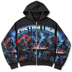 Sweat-shirt noir épais à fermeture éclair intégrale avec impression par sublimation, style oversize et coupe carrée, personnalisable, pour homme, style gothique, unisexe - Product Image 2
