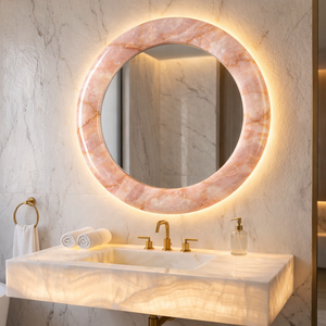 Espejo de Pared Redondo Moderno de Ónix Rosa Natural, Marco Hecho a Mano, Ecológico, Decoración para Bodas, Sala de Estar, Baño, Hotel - Product Image 4