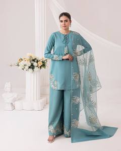 Ensemble de costume palazzo élégant bleu sarcelle brodé avec pompons |   Vêtements de fête traditionnels indiens et pakistanais pour femmes |   Longueur au sol Coupe classique - Product Image 3