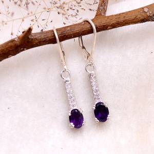 Purple Amethyst Natural Stone Oval Cut Long Drop <b>Earrings</b> 925 Sterling Silver Certified Trendy Birthday Gift for Women - Product Image 1
