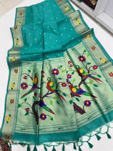 Sari en soie brute Khadi douce avec bordure florale Paithani tissée Meena colorée et chemisier à motif tissé Zari - Product Image 3