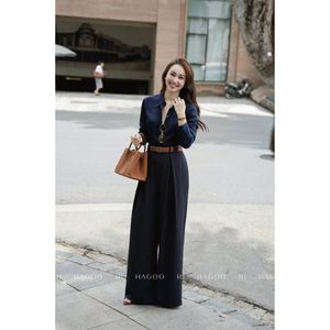 Q9047 Premium Double Belt Pleated Pinstripe Pants <b>Women</b> Loose Fit Office <b>Slacks</b> Wholesale - Product Image 2