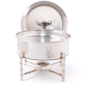 Plat à chafing de luxe en acier inoxydable argenté avec pieds en bambou, chauffe-plat rond pour buffet, idéal pour la restauration, les mariages et les fêtes - Product Image 2