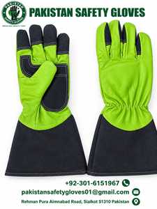Gants de sécurité pakistanais en cuir, résistants aux coupures, avec manchette longue, vert et noir, ambidextres, à enfiler, pour le jardinage - Product Image 1