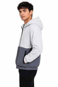 <b>Men's</b> Lightweight Puffer Hooded Windbreaker <b>Jacket</b> Two-Tone <b>White</b>/Grey Color Block Full-Zip Outdoor Adjustable Hood - Product Image 2