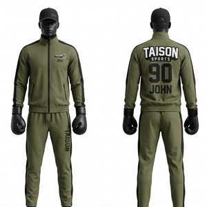 Traje Deportivo de Boxeo Premium de Poliéster y Spandex de 320 GSM, Diseño con Paneles en Verde Oliva y Negro, Logotipo Personalizado con Transferencia Térmica - Product Image 6