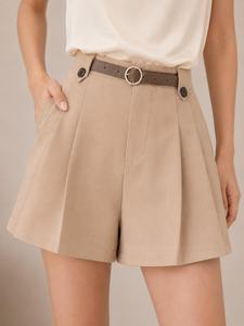 Women's Beige High Waist Pleated Shorts With <b>Belt</b> Minimalist Style Regular Fit Solid Color Breathable Woven Fabric - Product Image 4
