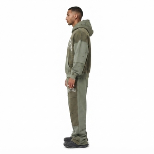 Custom Men Olive Green Distressed Hoodie <b>Jogger</b> Set Cotton Fleece <b>Oversized</b> Streetwear Tracksuit OEM Wholesale - Product Image 2