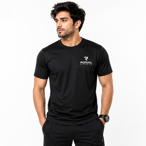 เสื้อยืดแขนสั้นสีดำสำหรับผู้ชาย RONAL SPORTS ทรงปกติ ผ้าเจอร์ซีย์แห้งเร็ว คอกลม ดีไซน์สปอร์ต - Product Image 3