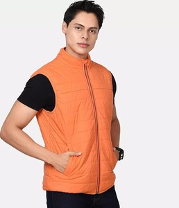 Men's Orange <b>Quilted</b> Puffer Vest Solid Color Windproof Polyester <b>Wadding</b> Stand Collar Zipper Closure Casual Autumn Wear - Product Image 1