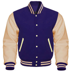 Chaqueta Varsity para Hombre, Cuerpo Azul, Mangas Beige, Chaqueta de Béisbol con Letras, Puños de Punto Acanalado a Rayas, Ropa Exterior Personalizada para Equipos Universitarios - Product Image 1