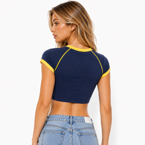 T-shirt court à col contrastant bleu et jaune de qualité supérieure, imprimé personnalisé, coupe raglan à manches courtes, motif graphique, pour femme, été - Product Image 2