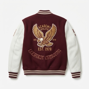 Chaqueta universitaria de técnica mixta, cuerpo de lana original de alto GSM, mangas de PU, botones cubiertos, cuello redondo, letras, transpirable, casual - Product Image 2