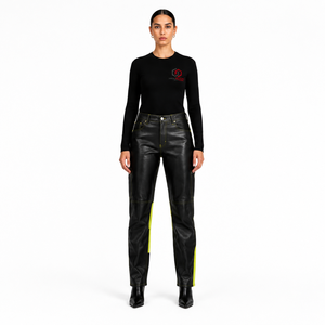 Pantalones de cuero PU de cintura alta, corte ajustado y pierna recta, con costuras en contraste neón, para mujer, lavado a la piedra - Product Image 1