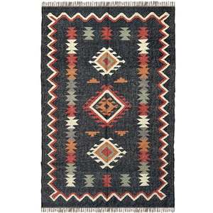 Alfombra tradicional de tejido plano 4x6 de lana y yute Dhurrie con artesanía de telar manual y motivos geométricos Kilim - Product Image 2