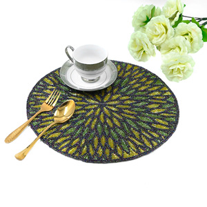 Handmade Leaf Glass Bead Placemat <b>Green</b> Gold Dining Table Mat for Wedding Party Home Decor - Product Image 5