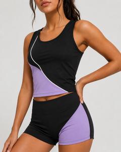 Top Deportivo Corto para Mujer, Estilo Racerback, Cuello Redondo, Bloques de Color, Costuras Asimétricas en Contraste, Secado Rápido, Spandex - Product Image 6