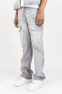 Jean en denim gris déchiré pour homme, taille mi-haute, fermeture boutonnée, style urbain, avec perles décoratives, pantalon unisexe - Product Image 2