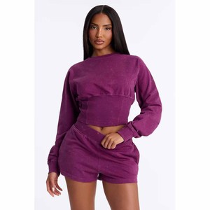 Women's Two Piece Set Crew Neck Long Sleeve Crop Top With Pocket And Above <b>Knee</b> Shorts Casual Wear Solid Color Knitted Cotton - Product Image 5