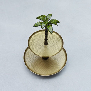 Charming Two-<b>Tier</b> Gold <b>Cake</b> Stand Featuring Hammered Trays & A Unique Central Palm Tree Pillar With Green Fronds Top For Serving - Product Image 2