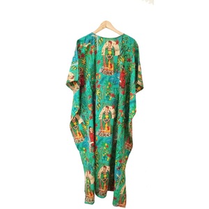 Túnica de Algodón con Estampado Floral Tejido, Estilo Indio, Cuello en V, Manga Corta, con Cordón Ajustable, para Mujer, Ropa de Playa, Verano, Casual, Holgada, Maxi - Product Image 2