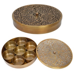 BRASS MASALA CONTAINER INNER CUP 7NOS WITH 1SPOON HERBS and SPICE <b>TOOLS</b> GOLDEN COLOR WITH <b>ENGRAVED</b> DESIGN - Product Image 2