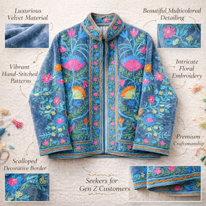 Manteau en velours artisanal de luxe, brodé à la main, col montant floral, vêtements de boutique en gros - Product Image 2