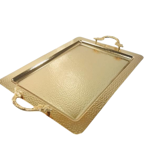 Plateau de service rectangulaire en aluminium plaqué or martelé de luxe, compatible lave-vaisselle et micro-ondes, qualité professionnelle pour plateaux de service - Product Image 1