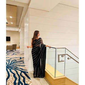 Sari Tradicional Musulmán de Diseño FB en Negro con Lentejuelas y Bordado Zari para Vestimenta Formal, Talla M - Product Image 5