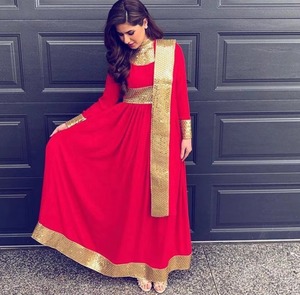 Elegant Modern <b>Red</b> Anarkali Gown Featuring Shiny Gold <b>Sequin</b> Borders Thick Metallic Waistband Sleeve Cuffs And Matching - Product Image 6