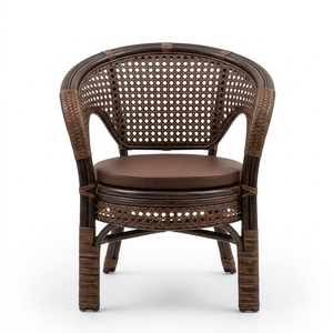 Sillón de mimbre natural vintage hecho a mano, silla de barril tejida con caña, acabado marrón oscuro, asiento acolchado para sala de estar - Product Image 1