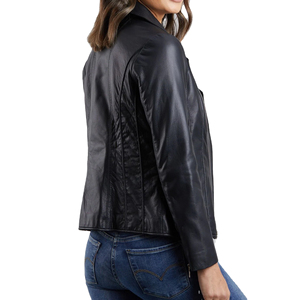 Women's Black PU Leather Moto <b>Jacket</b> Zipper Front <b>Slim</b> <b>Fit</b> Turn-down Collar Autumn Wear - Product Image 2