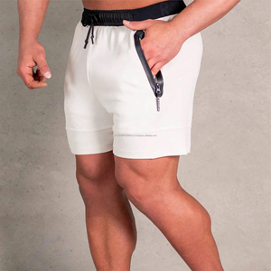 Pantalones cortos de gimnasio ajustados personalizados Ropa deportiva blanca para hombre con cordón negro y bolsillos con cremallera Pantalones cortos de entrenamiento de fitness elásticos - Product Image 2