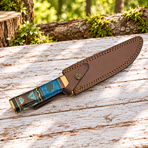 Couteau Bowie à lame droite de 12 pouces, fait main, avec lame en acier inoxydable, manche en os fossile bleu, fourreau en cuir et bolster en laiton - Product Image 2