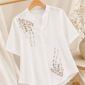 Blusa de Algodón Blanca para Mujer, Bordada, Manga Corta, con Botones, Estilo Casual, para Verano - Product Image 5