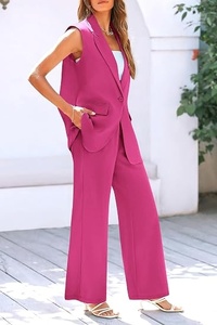 Women's Sleeveless <b>Blazer</b> <b>Set</b> Loose Fit Wide Leg Pants Two Piece Suit Solid Color Casual Spring Summer Pink Woven Fabric - Product Image 4