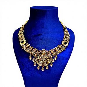 Collar nupcial indio del sur con colgante de Lakshmi, rubí y perla, estilo templo antiguo, disponible en ORO/PLATA/BRONCE - Product Image 1