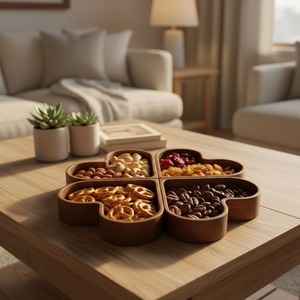 Plateau en bois en forme de fleur, parfait pour servir des salades, des fruits, des collations, élégant plateau en bois, idéal pour un panier-cadeau, fabriqué en Inde. - Product Image 4