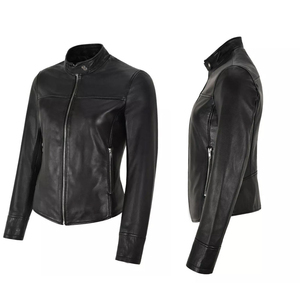 Women's Black Genuine <b>Leather</b> Moto <b>Jacket</b> Full Sleeve Stand Collar Zipper Closure Autumn Style - Product Image 6