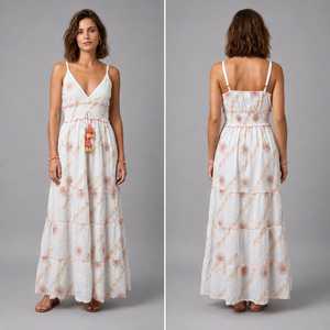 Women Boho Embroidered Cotton Maxi <b>Dress</b> – Sleeveless Smocked Waist Tiered Long <b>Dress</b> with Tassel Detail - Product Image 3