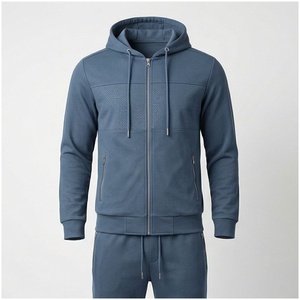 Conjunto Deportivo Azul con Capucha para Hombre, Manga Larga, Cierre Frontal con Cremallera, Patrón Geométrico, Bolsillos Laterales, Corte Regular Informal, Ropa de Otoño - Product Image 1