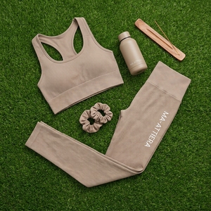 Women Beige <b>Long</b> <b>Sleeve</b> <b>Top</b> Flared Pants Yoga Set Gym Fitness <b>Workout</b> Activewear Matching Two Piece Set - Product Image 5