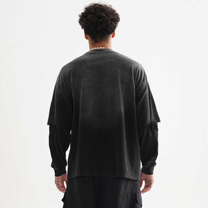 เสื้อยืดแขนยาวผู้ชายคุณภาพสูง ออกแบบโลโก้ได้ตามต้องการ สไตล์วินเทจ ขาดๆ แบบดิสเทรส ซักย้อมสีแบบ Stone Acid Wash ผ้าสองชั้น - Product Image 4