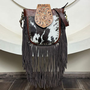 Sacs à bandoulière à franges en cuir de vachette pour femmes Fentes pour cartes à rabat usinées à la main Poches zippées Sangle réglable Sacs à main à bandoulière - Product Image 4