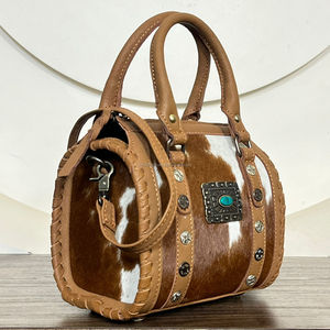 Western Hair On Cowhide Leather Speedy <b>Bag</b> With Turquoise Concho <b>Studded</b> Design Duffel Handbag For Women Travel And Daily Use - Product Image 4