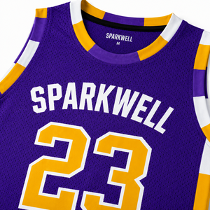 Maillot de basket-ball Sparkwell violet et jaune 23, débardeur en maille sublimée, unisexe, col rond, sans manches, respirant - Product Image 5