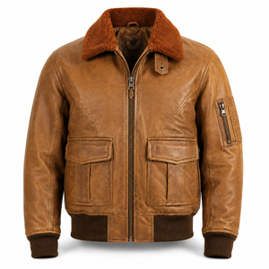 <b>Mens</b> Motorcycle Leather Flight <b>Jacket</b> Turn-down Collar <b>Cargo</b> Pockets Rib Knit Waistband Canvas Front Waterproof Windproof - Product Image 1