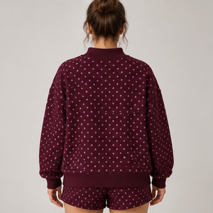 Ensemble short 2 pièces pour femme, bordeaux, micro-points, col montant, vêtements de sport décontractés personnalisés - Product Image 2